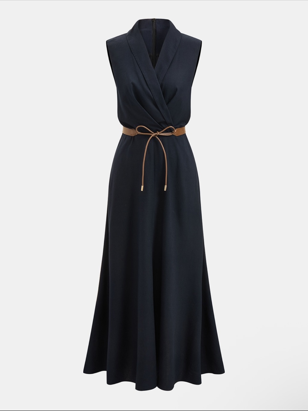 Commense Sleeveless Navy Maxi Dress with Tan Tie Belt